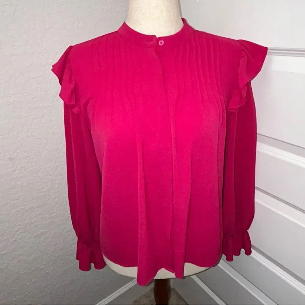 CeCe Vertical Pleating Ruffle Collar Long Sleeve Blouse Shirt Top